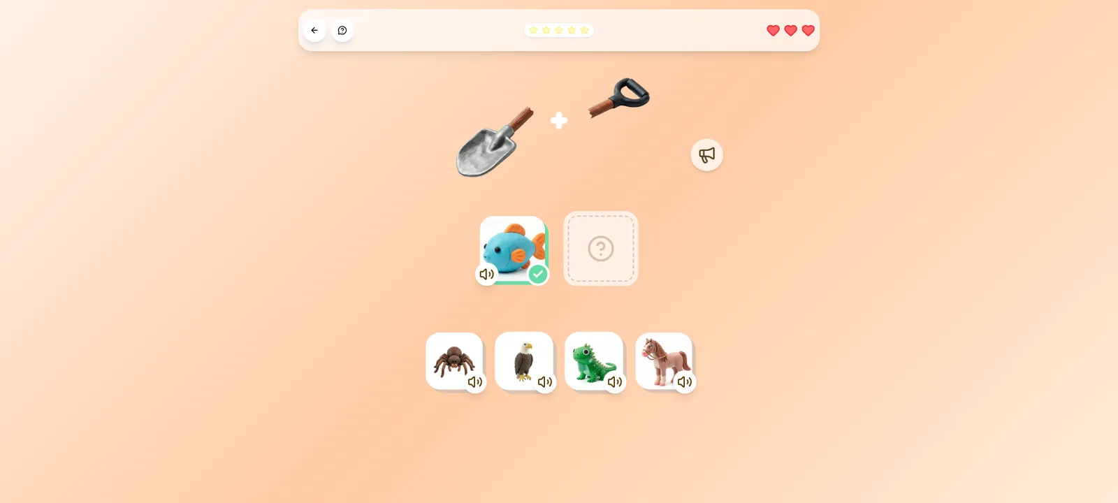 Juego De qué sonidos estoy hecho: Arriba, la palabra a trozos. Abajo, las imágenes entre las que elegir.