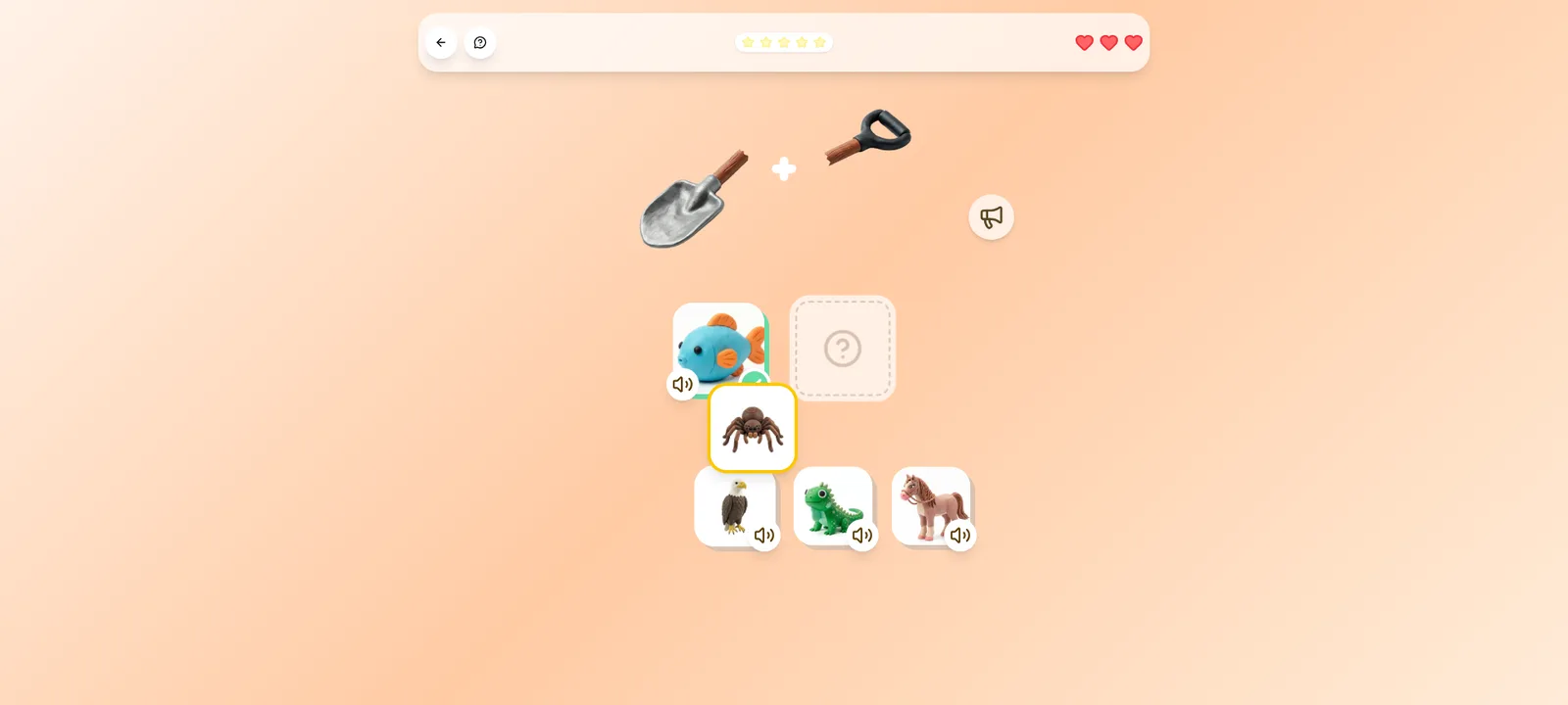 Juego De qué sonidos estoy hecho: Cada imagen correcta ocupa su lugar en la palabra, en el orden de los sonidos.