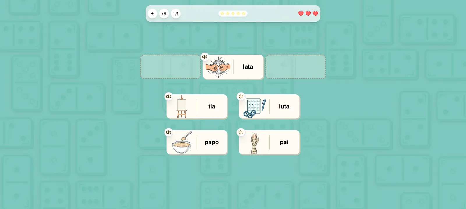 Dominoes game: The first tile sits in the middle and the rest wait below. Tapping a tile plays the word.