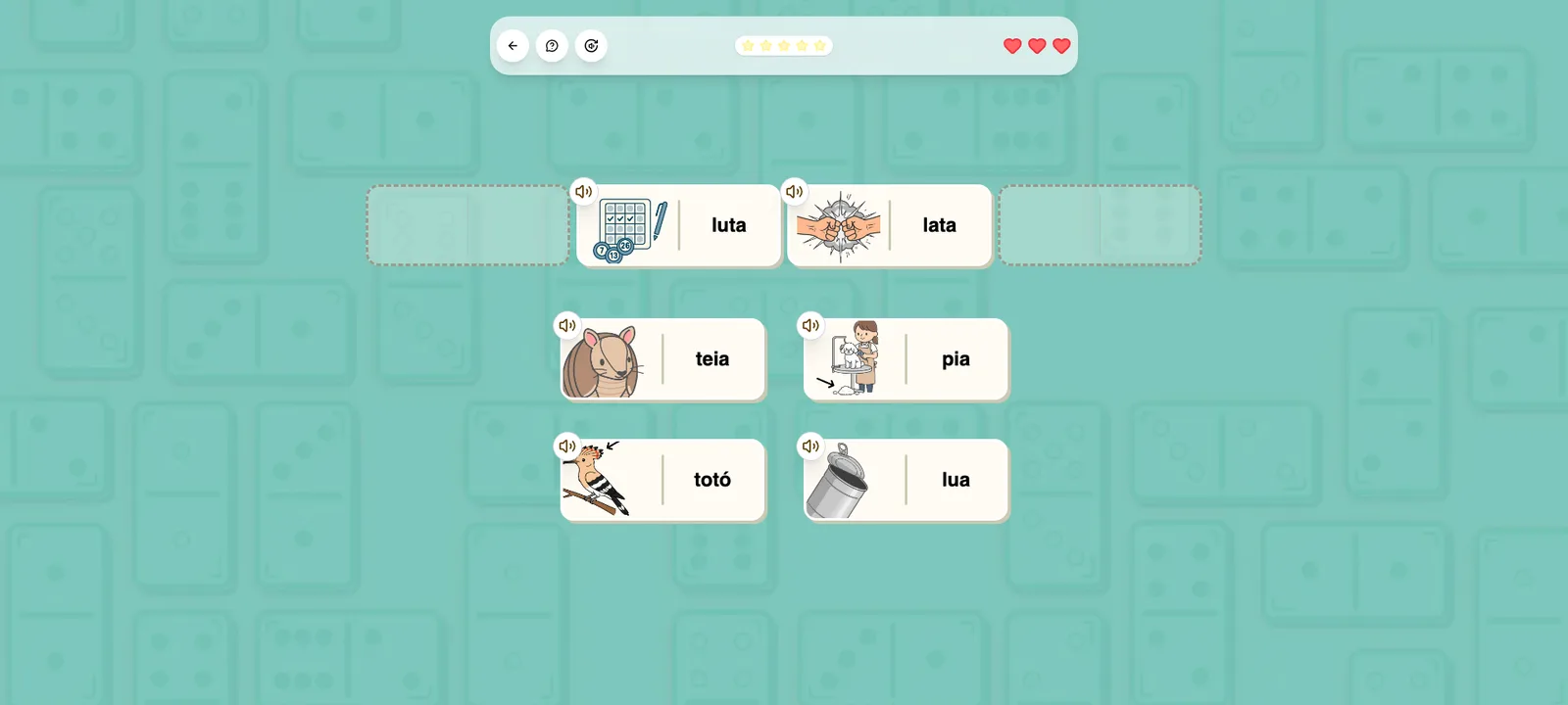 Dominoes game: Each correct tile locks onto the end and the chain grows. Three hearts to get it wrong.